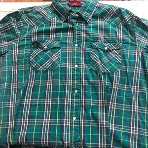 Haggar Pearl Snap Green and White Plaid Down Shirt XL